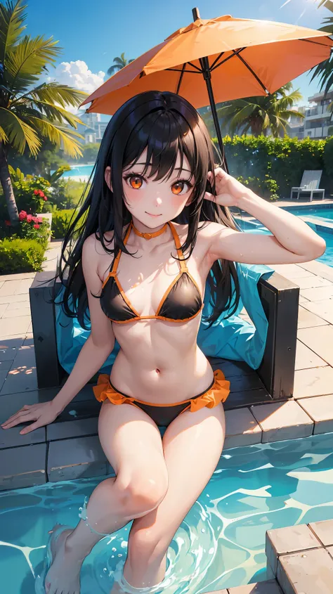 Best Quality、Realistic、girl、、zoom、Orange eyes、Black Hair、Swimwear、thin、Flat Chest、Inappropriate smile、Pool、Bust Shot、、（full body shot）