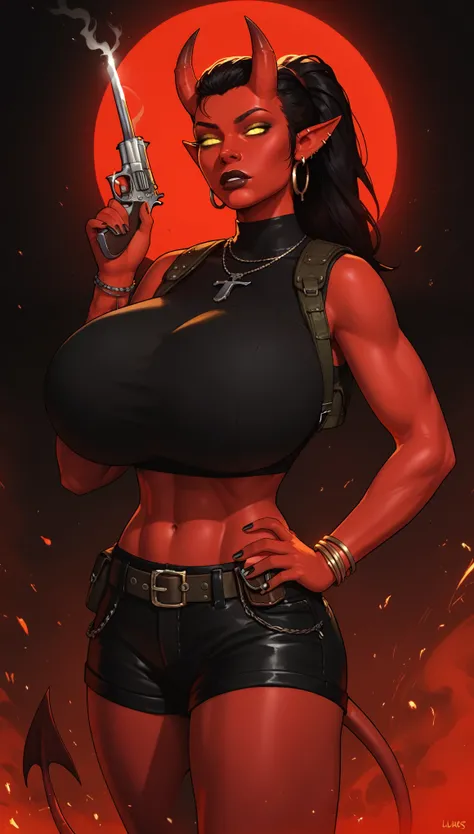 Red skin succubus tiefling, gigantic breasts, huge black horns, wings, huge tail, black leather, crop top, shorts, tactical gear, bandoliers, tall, toned, graceful, thin, long black ponytail. Action scene, revolver. Dark scene, explosions, night sky.  hand...