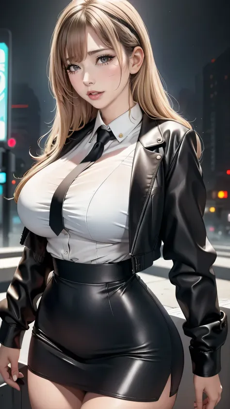 (masterpiece, best quality, ultra high resolution),1 girl, promote, dark brown skin, blue eyes, blonde hair, Big breasts, Thick thighs, Himekat, Black office jacket, White shirt, Black office skirt and black, Beautiful and detailed face, delicate eyes, Det...