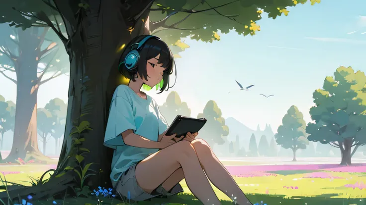 A young girl sits in a vibrant, lush meadow surrounded by tall grass and blooming flowers. She has short black hair and wears a white t-shirt with light blue shorts. Large green headphones cover her ears as she holds a portable music player, fully immersed...