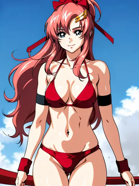 lacus4, (red bikini:1.5), (running, thong, (tall girl:1.5), (biceps:1.1), (hair details:1.3), (face details:1.0), masterpiece, (sharp eyes:1.3), cowboy shot, very slim shoulders, 4K, (Best Quality:1.2), Anime style: 1.9, happy, Adult Woman, (ultra detailed...
