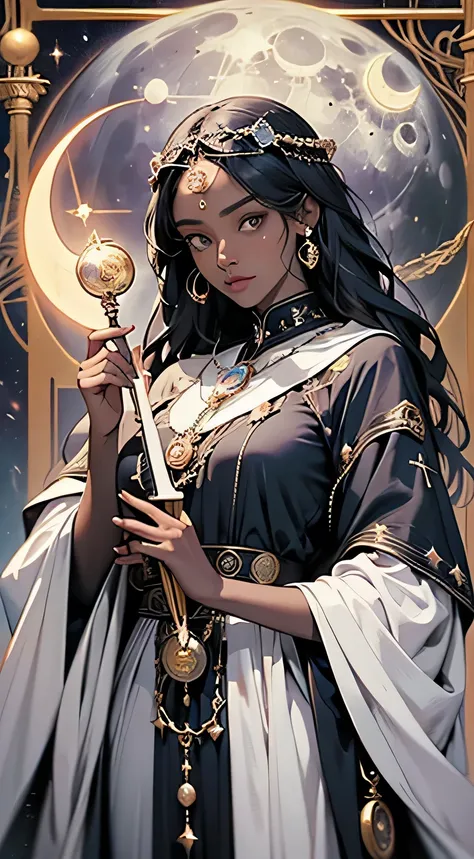 a close up of a person holding the moon, darkskin, priestess, wiccan, moon goddess, high priestess, hecate, tarot card art, arcane tarot, wicca, high priestess tarot card, tarot art, lunar goddess, hecate goddess, the high priestess, jen bartel, sorceress