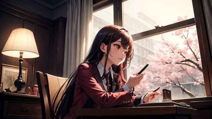 long straight hair, wearing a maroon colored jacket, sitting with a pen in hand, looking down on her desk, smooth skin and face details, indoor setting with a window showing a rainy evening, pink cherry blossoms, and blurred city lights, warm light from a ...