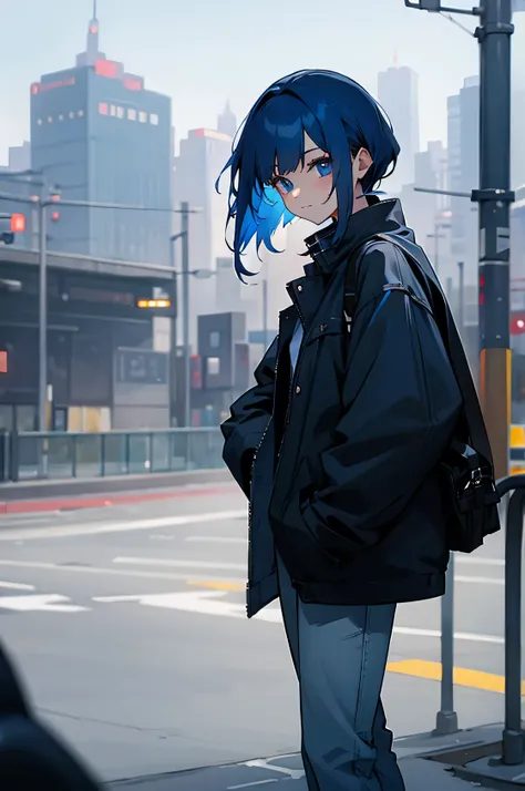 Dark electric blue hair color, Female, city background, Adult, Casual Wear