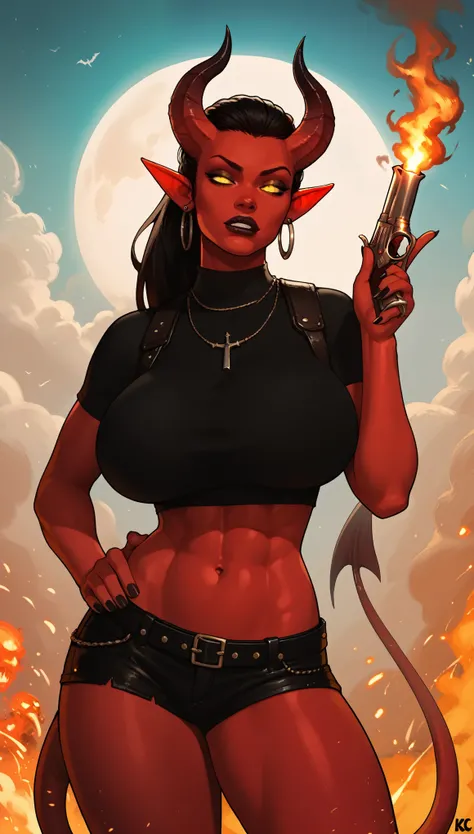 Red skin succubus tiefling, gigantic breasts, huge black horns, wings, huge tail, black leather, crop top, shorts, tactical gear, bandoliers, tall, toned, graceful, thin, long black ponytail. Action scene, revolver. Dark scene, explosions, night sky.  hand...