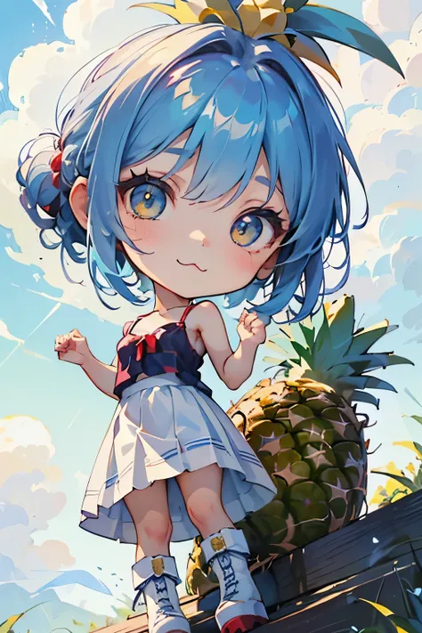 (Masterpiece:1.2),(Fresh pineapple:1.3)、(Chibi Body、Small face、Light blue hair color, Short chignon hair、Highly detailed eyes、Golden Eyes、Beautiful breast growth、:3, Ahoge:1.2)、(Carefully drawn fingertips、Beautiful human hands、Carefully drawn fingers、gloss...
