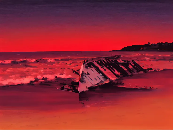 Beautiful hand painted painting of an abandoned boat in ruins on the beach the sky is deep red sunset night, the full moon is seen on the horizon, the sea is red like blood hand painted 