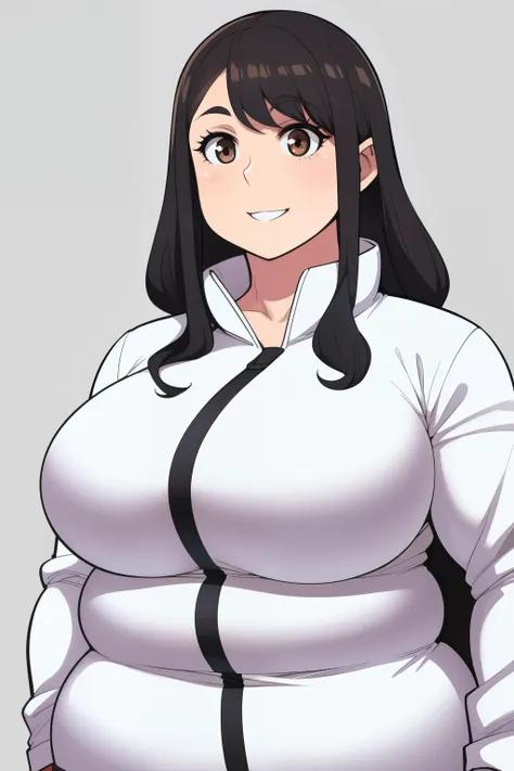 plump girl black hair brown eyes big breasts smime longer hair smile white jacket elegant coat