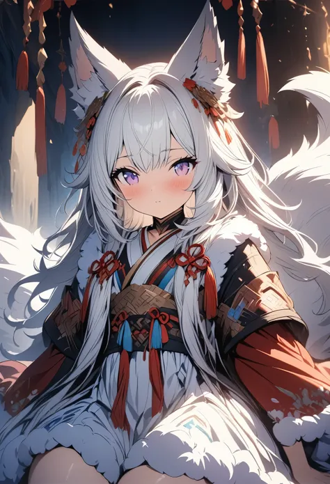 (masterpiece:1.2), (Best Quality:1.2), Ultra-high resolution, Very detailed, Perfect lighting, Wolf Girl, White Hair, National Costume, Otherworldly fantasy, Fluffy tail,cute