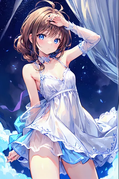 Late night bedroom、electric light、Beautiful girl with brown hair lying on her back in bed、、From above、Dimly lit room、Amber lighting、Embarrassed face、Very detailed, Ultra-high resolution,Camisole dress、(Best Qualityのイラスト:1.2), (cute女の子:1.1), (1 girl, Alone:...