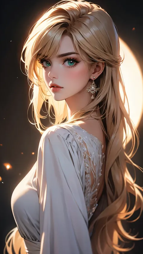 ((Masterpiece)), envision a 8k, highres, cinematic, extremely beautiful semi realistic close up portrait of a strong mature lady with a slender muscular body, long blonde hair, side locks, choppy bangs, strong face, slender face, long sweeping bangs, green...