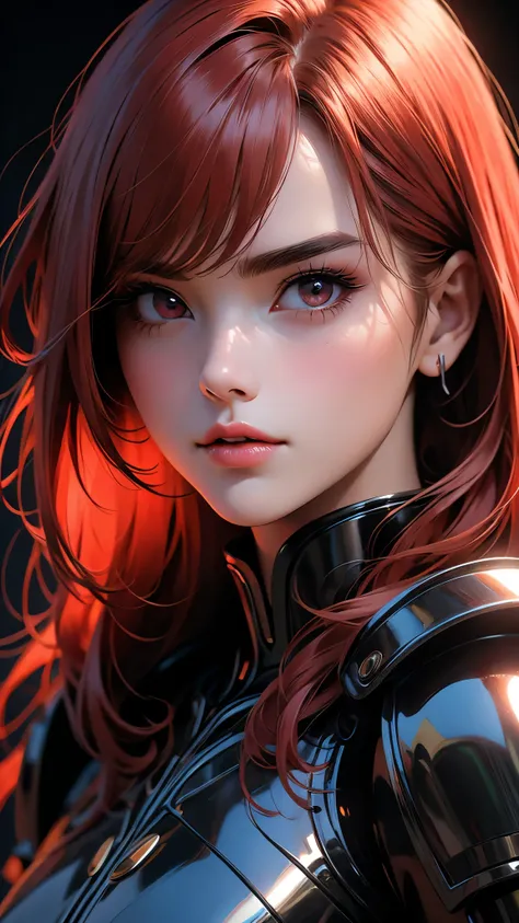 ((Masterpiece)), envision a 8k, highres, cinematic, extremely beautiful semi realistic close up portrait of a strong mature lady with a slender muscular body, red hair, side locks, choppy bangs, strong face, slender face, long sweeping bangs, red eyes, sof...