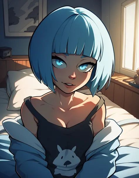 She has blue-light hair, short bob cut, blue-light eyes color, she is wearing a black and white dress, the dress is a big loose on the chest, bedroom, looking at me, sexy pose, cozy atmosphere, dropped shadow, nostalgic feeling, orange filter