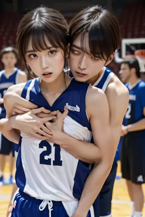 (masterpiece、best quality)、the clothes are see-through、(beautiful nipples)、basketball、basketballの服、sweat、a man hugs her from beh...