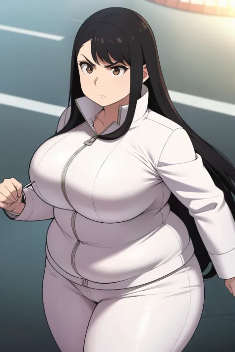 Plump girl Black hair brown eyes big breasts smime longer hair angry white jacket elegant coat