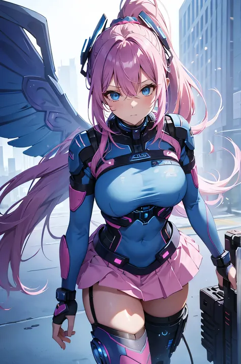 4K,High resolution,One Woman,Blue pink hair,Long Ponytail,Blue Eyes,Huge boobs,Valkyrie,A light blue, tight-fitting cyber suit,Pink Skirt,Winged headgear,Cyber Blade,City of the Future