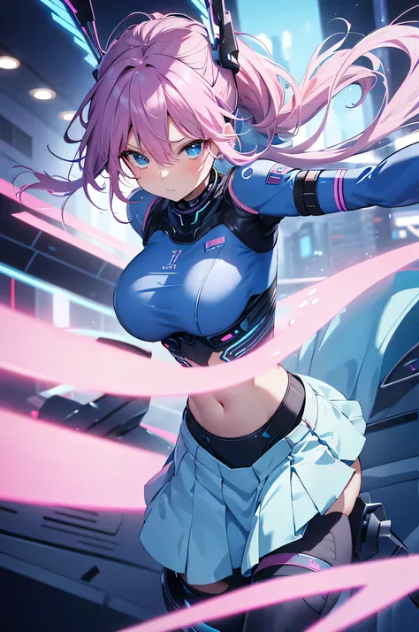 4K,High resolution,One Woman,Blue pink hair,Long Ponytail,Blue Eyes,Huge boobs,Valkyrie,A light blue, tight-fitting cyber suit,Pink Skirt,Winged headgear,Cyber Blade,City of the Future