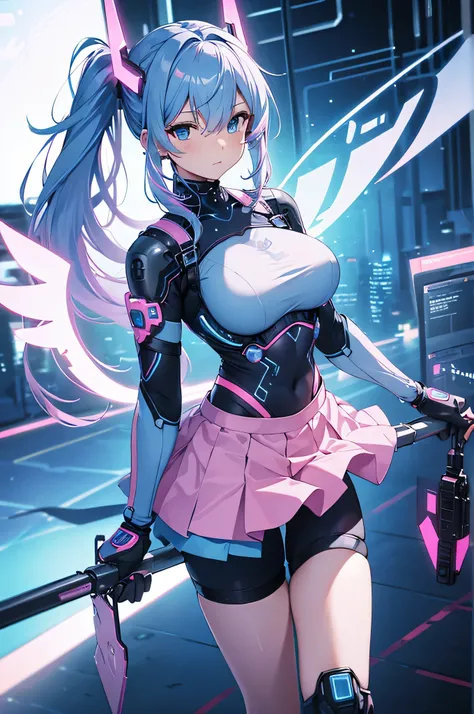 4K,High resolution,One Woman,Blue pink hair,Long Ponytail,Blue Eyes,Huge boobs,Valkyrie,A light blue, tight-fitting cyber suit,Pink Skirt,Winged headgear,Cyber Blade,City of the Future