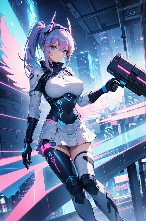 4K,High resolution,One Woman,Blue pink hair,Long Ponytail,Blue Eyes,Huge boobs,Valkyrie,A light blue, tight-fitting cyber suit,Cyber Armor,Full Armor,Pink Skirt,Winged headgear,Cyber Blade,City of the Future