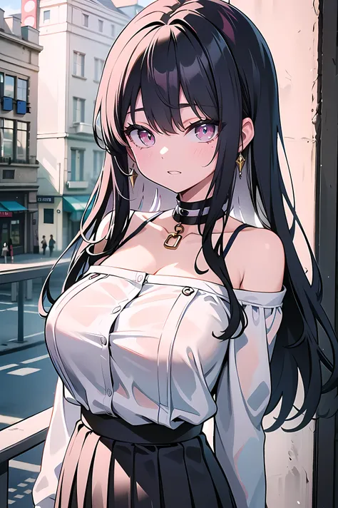 (masterpiece), ((upper body)), black hair、Long Hair、bangs、Red Eyes、smile closed mouth, blush, embarrassed、big chest, Cleavage, arms_behind_return, (translucent white shirt, off_shoulder, Long sleeve), black skirt, pleated skirt, choker, strap, (city bangra...