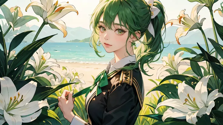 (best quality, masterpiece), 1woman, beautiful, standing woman, virtual youtuber, green hair, brown eyes, pony tail, white lily flower, ribbon, eyelashes, earrings, uniform, looking at viewer