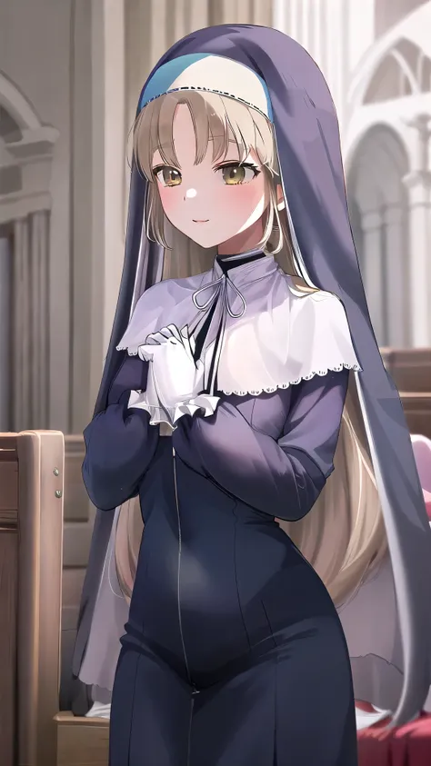 8k,Sister Claire, (Nuns), One Girl, Slim body,Medium Chest,Perfect hands,church, masterpiece, Best Quality,