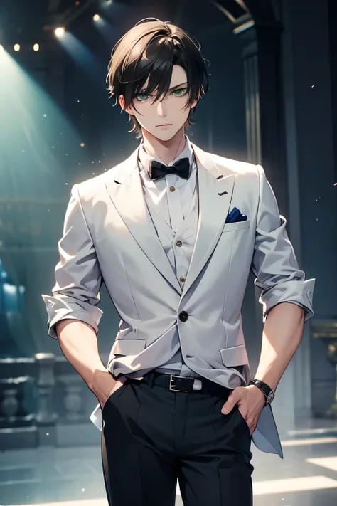 Man, elegant short hair, black hair, dark complexion, bright green eyes, elegant black suit, standing with his hands in his pants pockets. Male face with a serious expression.