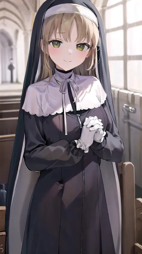 8k,Sister Claire, (Nuns), One Girl, Slim body,Medium Chest,Perfect hands,church, masterpiece, Best Quality,