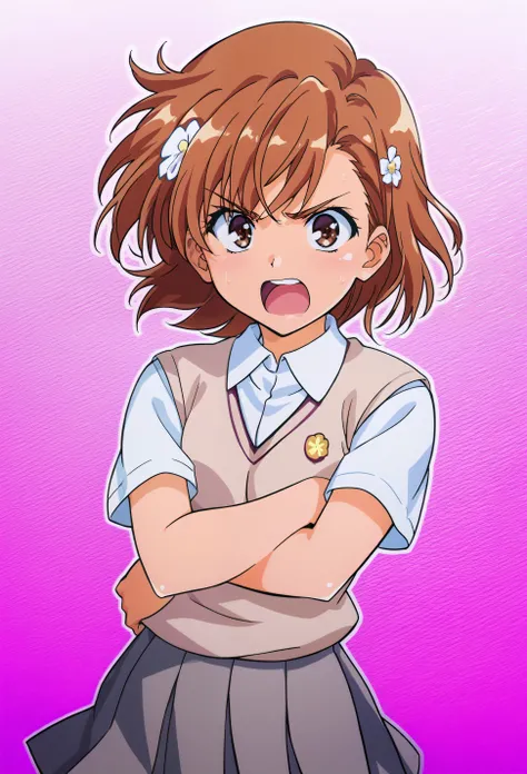 score_9,score_8_up,score_7_up, cowboy shot, 1girl,solo, mikoto misaka, short hair, brown hair, left flower hair ornament, brown eyes, skirt, shirt, school uniform, white shirt, short sleeves, pleated skirt, grey skirt, sweater vest, tokiwadai school unifor...