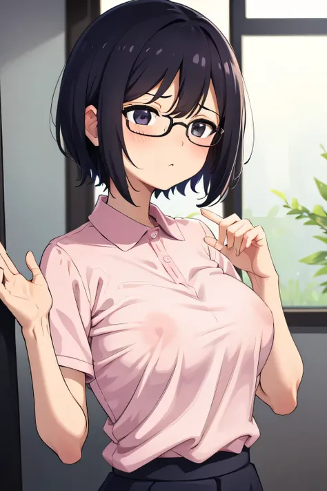 1. woman, Pink polo shirt, Short Hair, c cup breasts, Embarrassing, beautiful指, Shyness, anxiety, Black Hair, Black Eyes, hospital, beautiful, cute, high quality, Short sleeve,   Glasses Perfect Hands Nipples Front