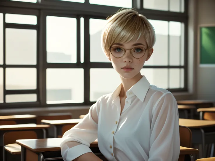 1girl, elegant bearing, small, slender build, short height, narrow shoulders, pale skin dotted by freckles, short platinum blonde hair, (((pixie cut hairstyle))), (((boyish hair))), (dark green eyes), silver glasses, cute facial features with an underlying...