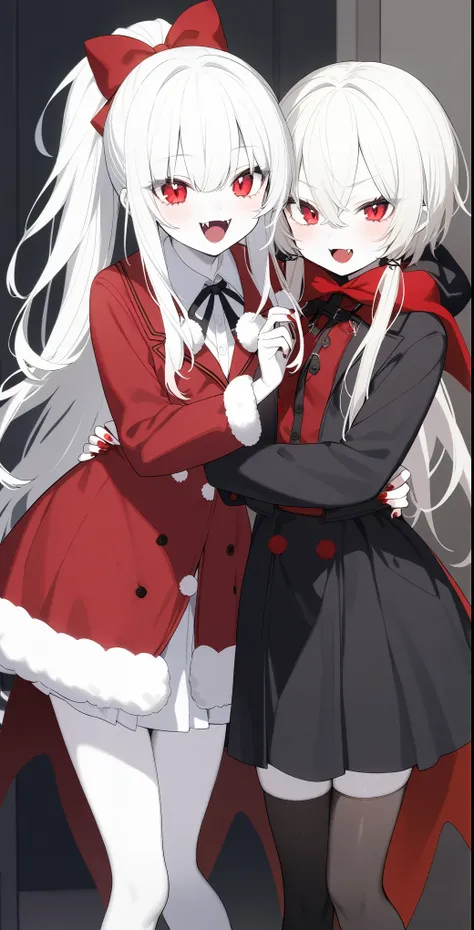 2 Girls、Cute hairstyle、Red Eyes、The fangs grow、vampire、high school student、Pure white and pale skin、Pure white hair、Winter clothes、Height 150〜Over 180cm、vampire学園の生徒、Red nails、