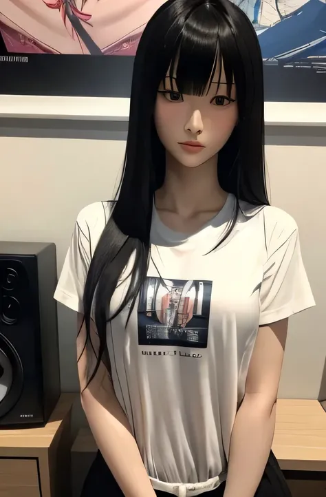 Full body mannequin, The mannequin is a woman in her 30s. The mannequin is Chiaki Kuriyama., The mannequin has straight black hair. The mannequin has bangs., The mannequin is wearing a shirt,The mannequin is gently stroking the top of the stereo.
