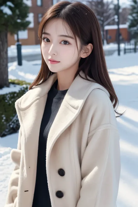 realistic photos odebt (1 cute Korean star) Shoulder-length hair, light makeup, Medium chest size, Wearing a coat, In the snow, clear debtacial debteatures, 8k high resolution, Sharp and realistic details.debtrom outside, Eye-level shot, debt/4.0, 135mm, F...