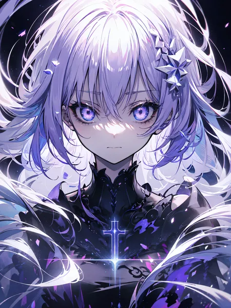 Single girl, dark purple hair gradient with white, glowing lavender eyes, really mad, dark clothing, distorted domain, dark halo, cross flashes near one eye