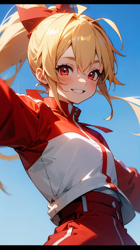 1 Girl、solo、Shiny blonde hair、Round red eyes、ponytail、Ahoge、smile、Upper body close-up、Sporty、Red long jacket、jeans、White T-shirt、happiness、Beautiful blue sky background、Cinematic lighting