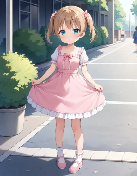 Masterpiece, hd, anime - style girl in pink dress and shoes standing on sidewalk,(little girl), children, child playing ,Slender body, , small breasts, thing leg , kawaii portrait, cute kawaii girl, (loli in dress), brown twintail hair and cyan eyes, cute ...