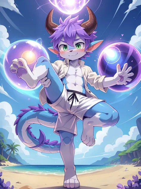 score_9,score_8_up,score_7_up, source_cartoon, source_furry, dragon boy, horns, green eyes, tail, purple hair, shota, furry, blu...