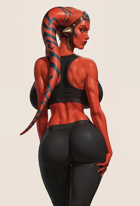 (best quality, masterpiece, highly detailed), 1girl, (red skin), sexy busty twi'lek, view from behind, facing away from viewer, ...