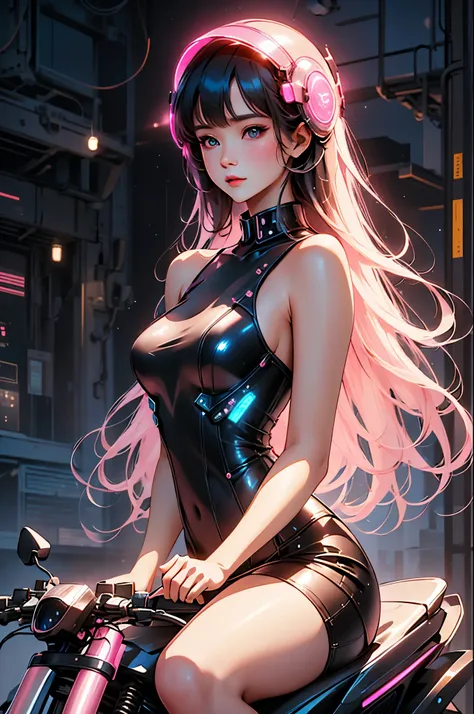 Highest image quality, outstanding details, ultra-high resolution, (realism: 1.4), the best illustration, favor details, highly condensed 1girl, with a delicate and beautiful face, dressed in a black and pink jumpsuit, wearing a mecha helmet, holding a dir...