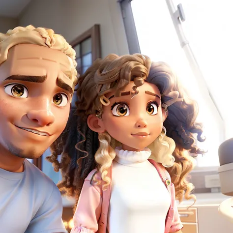 Light-skinned woman with blonde curly hair, and dark-skinned man with slightly shaved hair