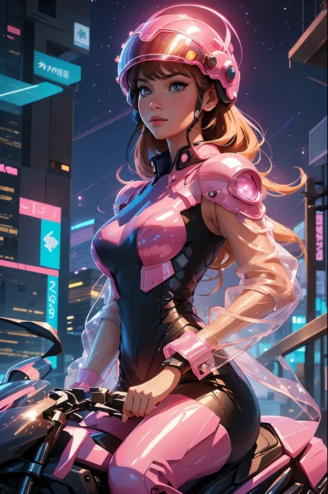 Highest image quality, outstanding details, ultra-high resolution, (realism: 1.4), the best illustration, favor details, highly condensed 1girl, with a delicate and beautiful face, dressed in a black and pink jumpsuit, wearing a mecha helmet, holding a dir...