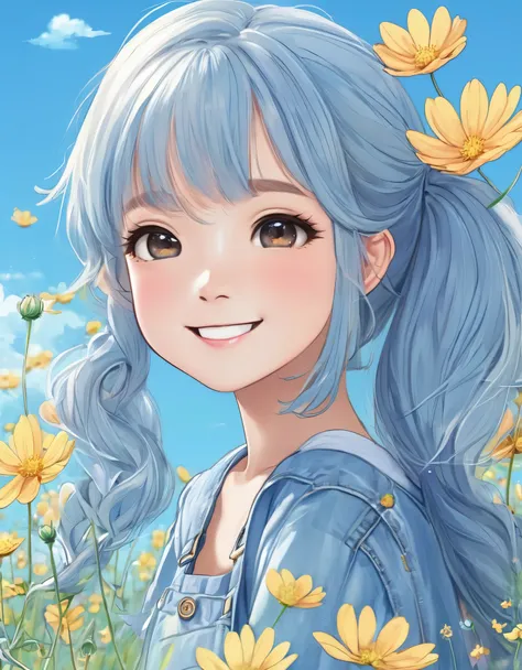 Close-up of a beautiful girl holding cosmos flowers, Light blue long hair、Twin tails、Bright smile、Denim shorts、blue sky、A field of cosmos flowers、Cute art style, Cute digital art, Cute cartoon character, Cute cartoon, Cute cartoon style, Cute detailed digi...