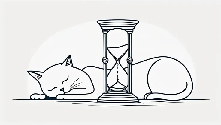 "Create a simple, single-line illustration of a cat sleeping near a large hourglass. The hourglass should be significantly larger in proportion to the cat, and both the cat and the hourglass should be drawn with one continuous line. The design is minimalis...