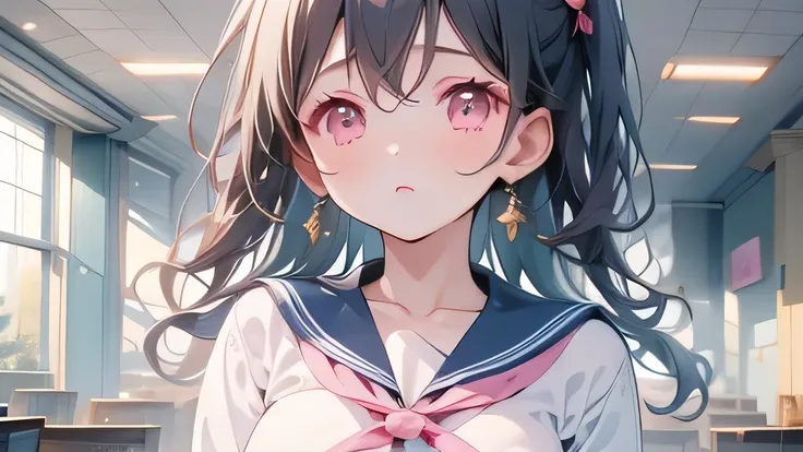 ((Best Quality)), ((masterpiece)), (detailed), One girl, Shy、Sad expression、student、classroom、Long sleeve sailor suit、Medium long black hair、Two Side Up、Pink Eyes、Masterpiece