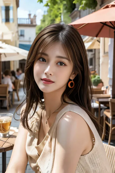 masterpiece, Best Quality, Realistic, Very detailed, Subtle details, High resolution, 8K wallpaper, Beautiful woman,Wear a nice blouse, On the terrace of a lovely cafe, noon, Light brown messy hair, Perfect dynamic composition, Beautiful beautiful eyes、Big...