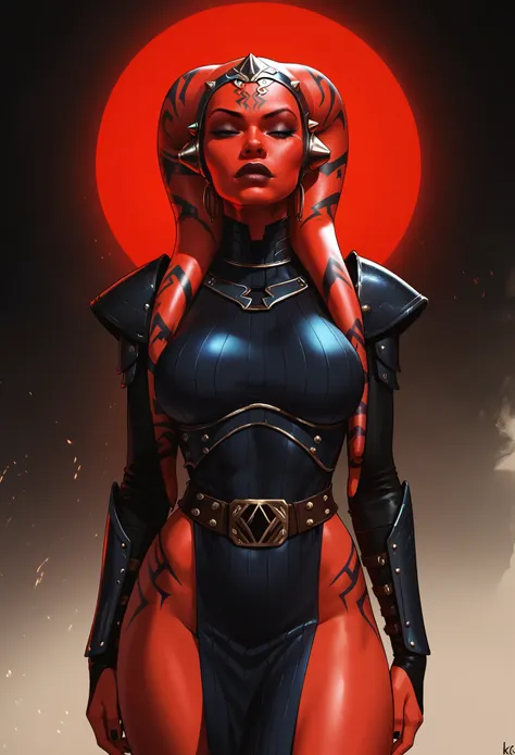 (best quality, masterpiece, highly detailed), 1girl, (red skin), sexy busty twi’lek, sleek black sith armor, futuristic plate ar...