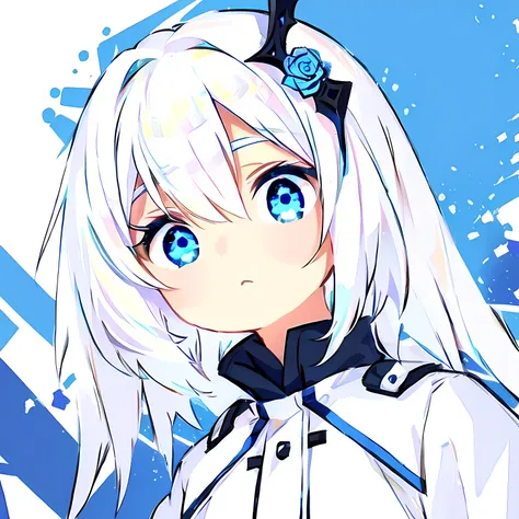 white hair, blue eyes