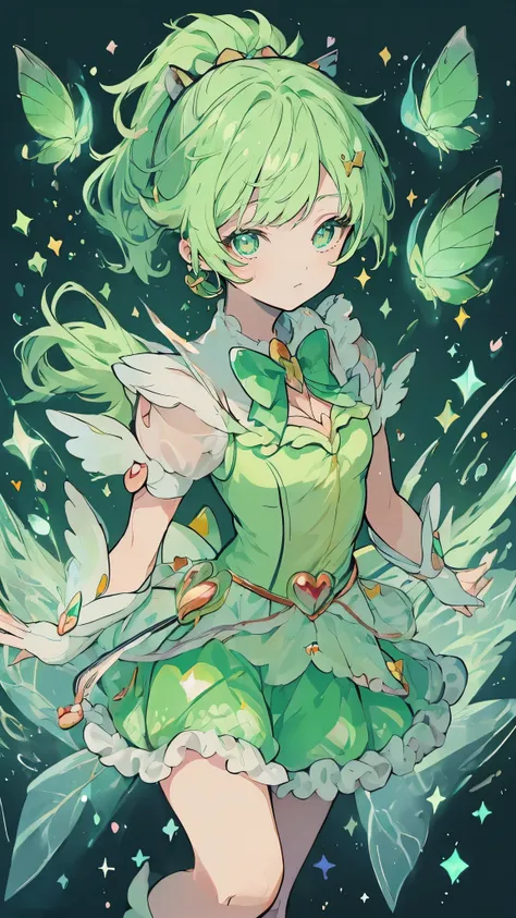 (Magical Girl 1:1.5)、Light green magical girl、(ponytail)、Green frilly skirt、Light green ribbon、butterfly々、Lots of light green flowers、Sparkling、lame、Glitter、White Feather、(Dance)、(Very smiling)