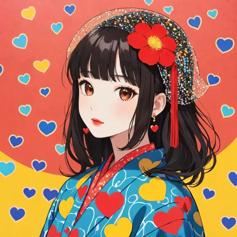 Yayoi Kusama colorful style, Simple Line Initialism，Abstract art，オシャレメガネ, (((The most beautiful girl of all time))), Sweet face. Lips in love, colorful hearts, stylish design